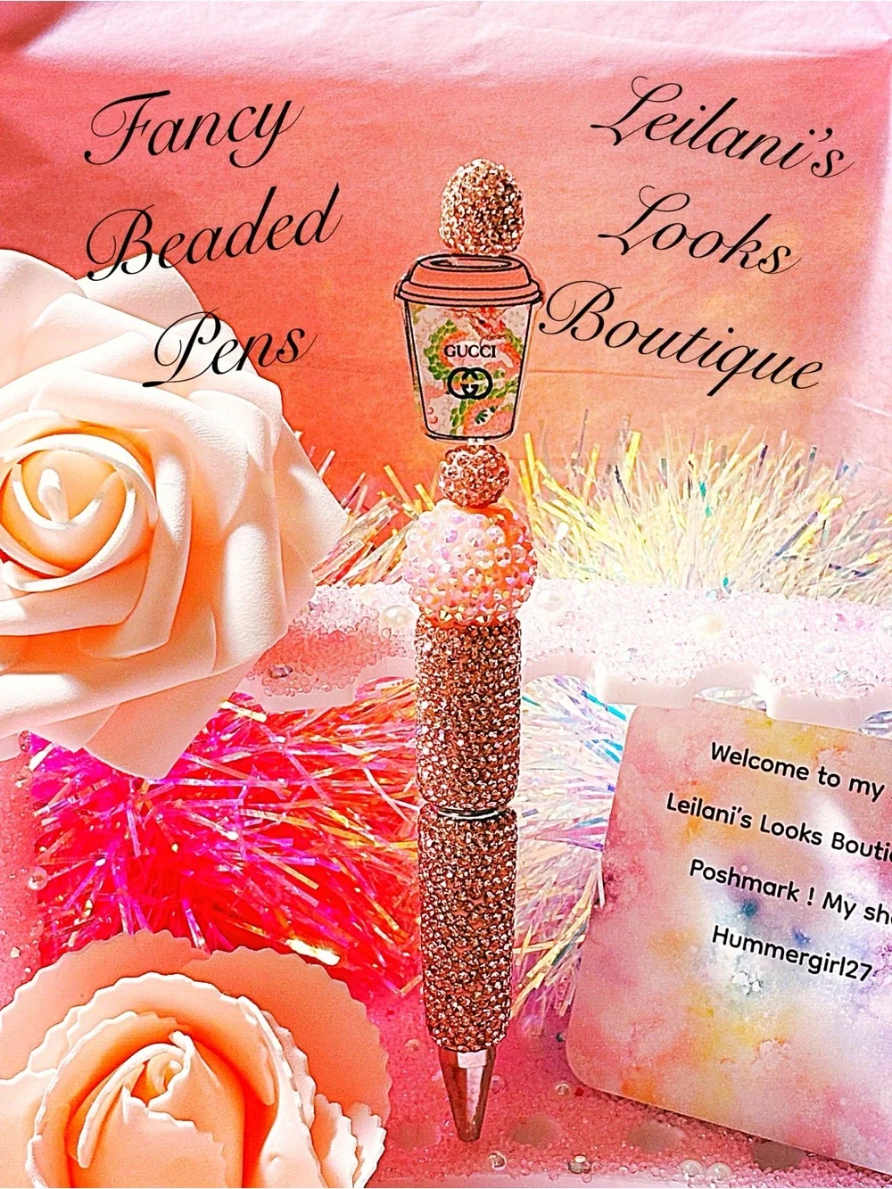 Fancy beaded Pen/gifts/tea cup/pink beads/